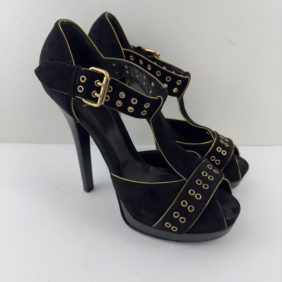 Fendi black suade with gold trim Grommet peep toe platform‎ heels